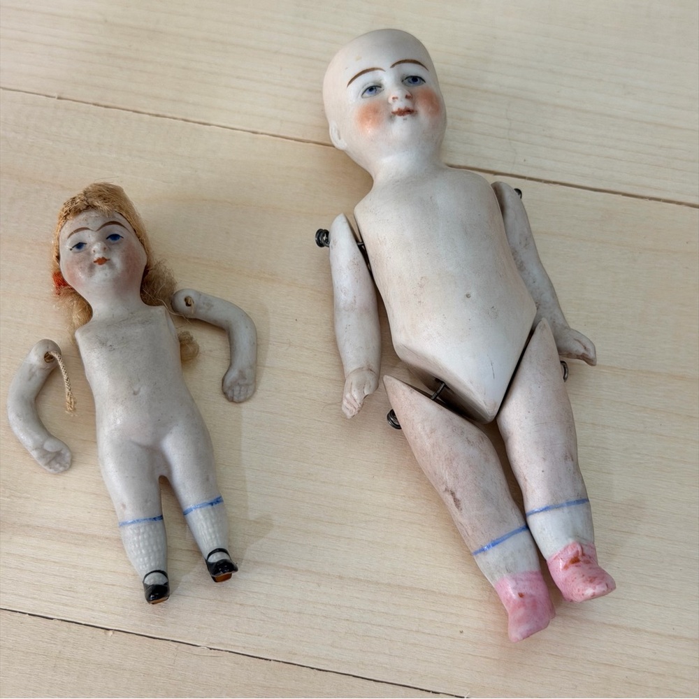 Set of 2 Antique Porcelain Bisque Dolls Pair in White with Pink & Black Accents